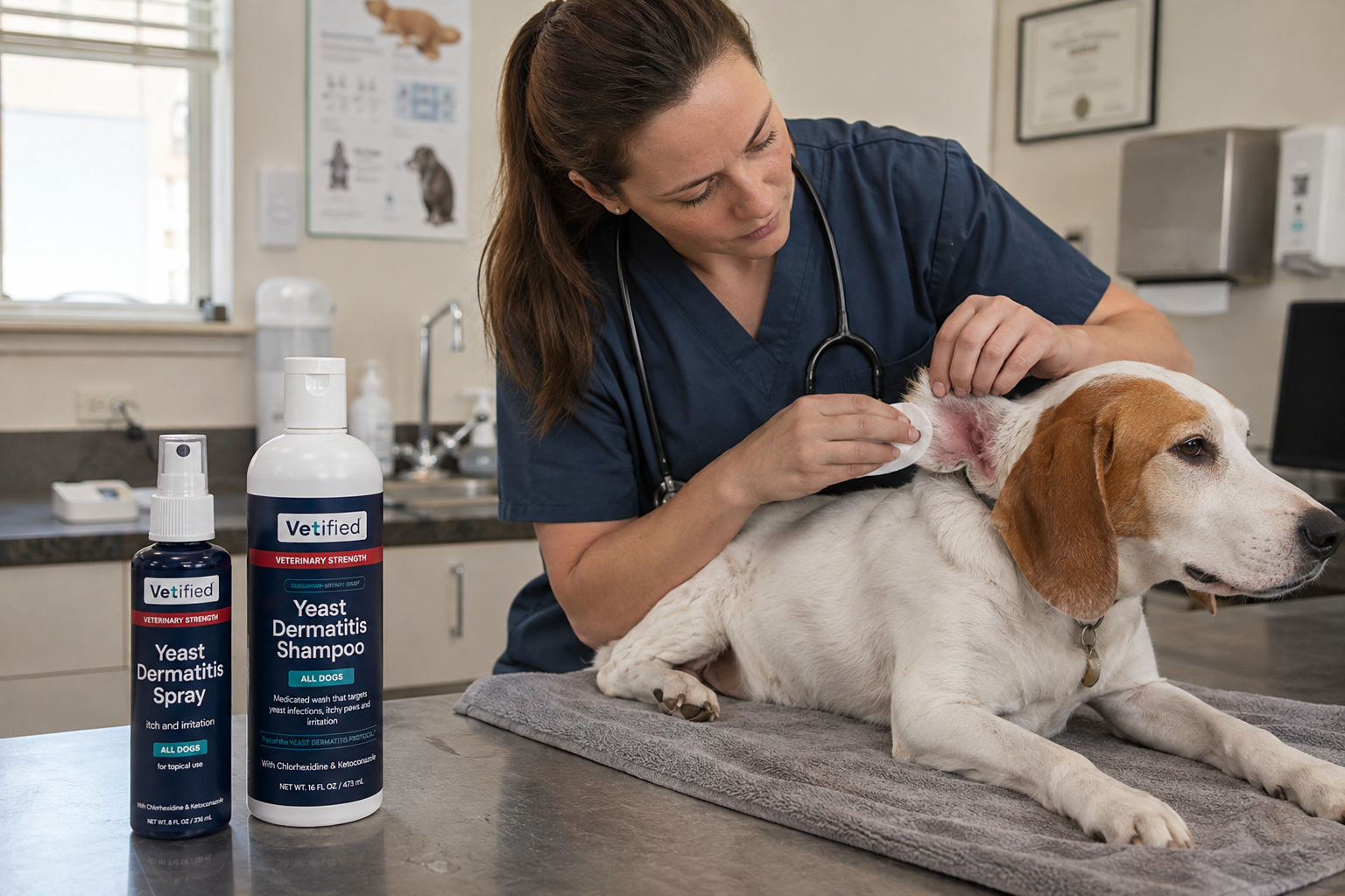 Veterinarian treating dog with Vetified Yeast Dermatitis Protocol products